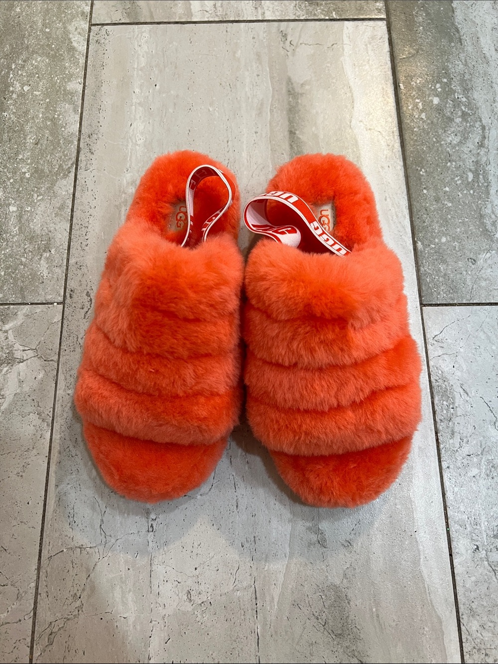UGG Orange Faux Fur Layered Slide with Branded Heel Strap